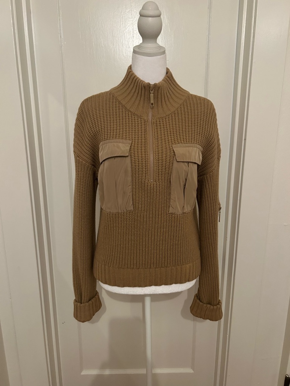 Chest-Pocket Half-Zip Turtleneck Sweater - Camel
